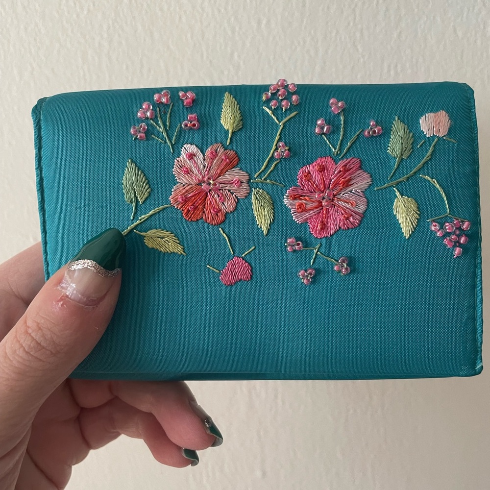 Embroidered and beaded silk wallet